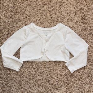 3t girls white shrug with embellished button at neck